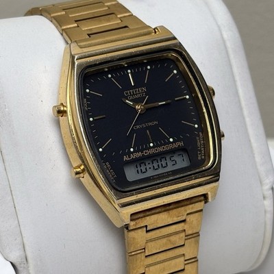 Vintage CITIZEN Digi-Ana Crystron LCD Alarm Watch Gold Tone Black