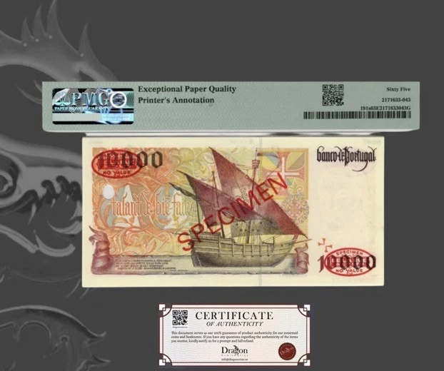 Portugal "ESPECIMEN 003" 10.000 Escudos ND (1996-98) P-191S GEMA 65 EPQ PMG Foto 2 de 4