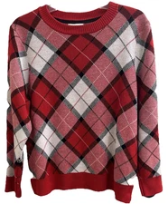 CHARTER CLUB size (PXL) Crew Neck Argyle Sweater Side Slits Red, Black & White