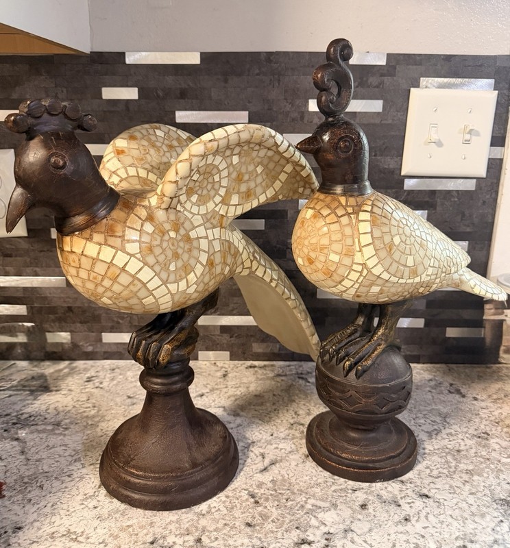 Set of 2 Metal Mosaic Bird Figurines on Pedestal Bases 3D Effect Brown/Beige