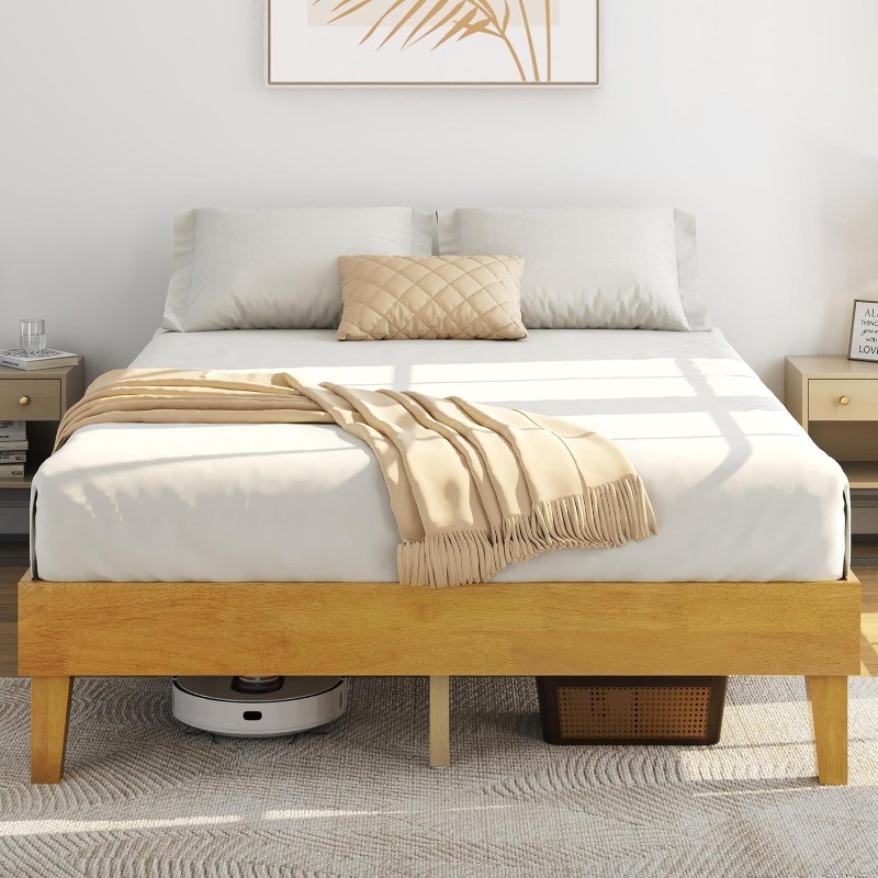 Natural Solid Wood Platform Bed With Wooden Slats Support