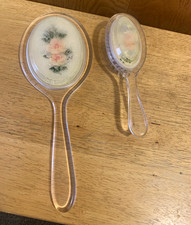 Vintage Dresser Vanity Hand Held Celluloid Mirror Brush Set-Floral Pink Roses