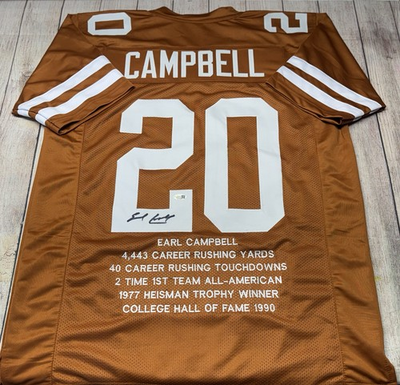 #ad TEXAS LONGHORNS EARL CAMPBELL SIGNED ORANGE CUSTOM STAT JERSEY JSA COA $120.00