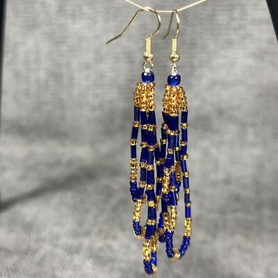 Tribal Hand Beaded Dangle Earrings Yurok Made Boho PowWow Native BlueGold 3 1/4''