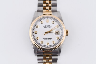 Rolex Datejust 16233 Yellow Gold Fluted Bezel Custom White Diamond Dial 36mm