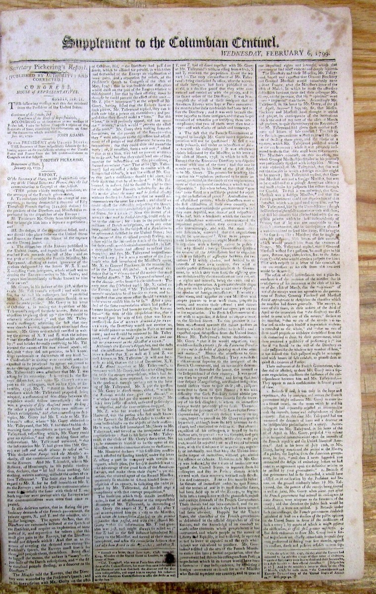 1799 newspaper XYZ AFFAIR -Political BRIBERY by FRANCE against US