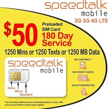 SpeedTalk GSM SIM Card Rollover 1250 Text OR Data 5G 4G LTE GPS Trackers 180-Day