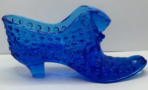 Vintage Fenton Glass Shoe Blue Hobnail Cat Head Slipper Art Glass Panther