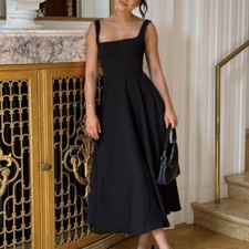 Summer Women's New Style Solid Color Square Collar Sleeveless Waist Strap Dress