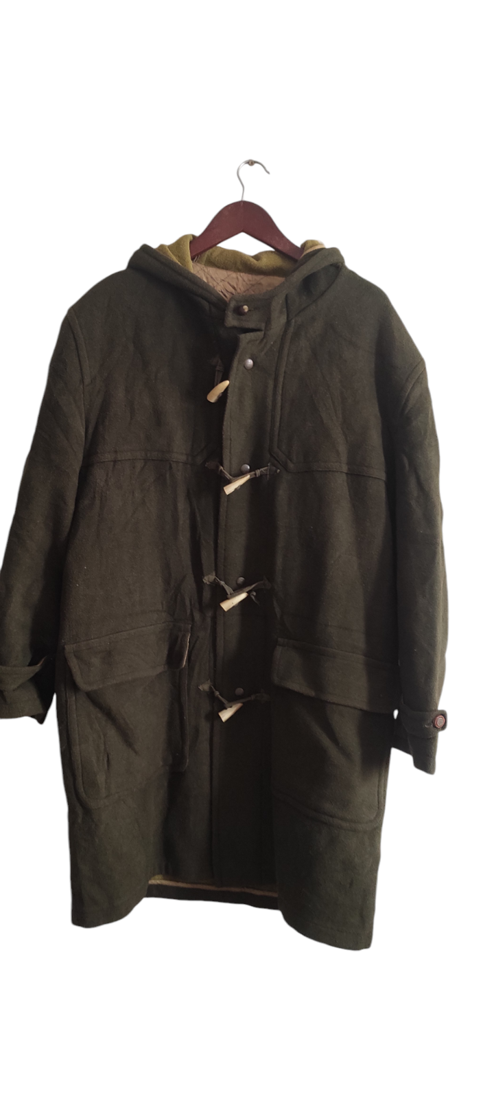 VTG Burberrys Men Duffle Coat Hooded Wool Nova Check Green Olive Sz L Made Spain