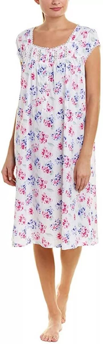 NWT $62 Eileen West Nightgown SMALL Pink & Blue Hydrangea Floral  Poly/Cotton