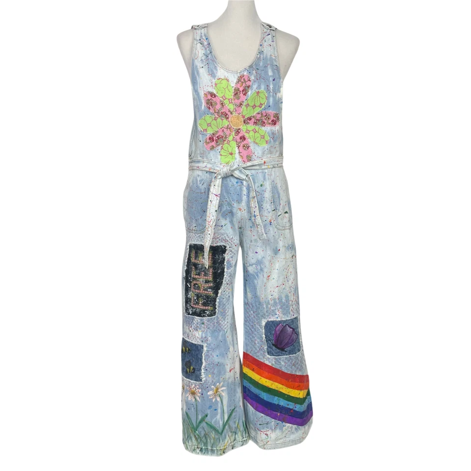 Mono de mezclilla con retazos envejecidos pintado bohemio reciclado hecho a mano mediano