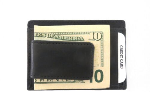 Magnetic Money Clip Wallet ID Credit Card Holder Black Genuine Leather Gift Box - Picture 1 of 6