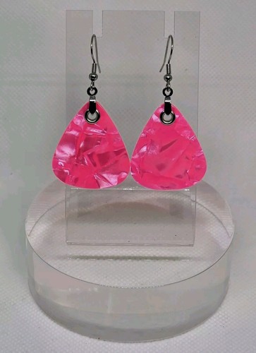 Barbie Pink Dangling Guitar Pick Silver Fish Hook Fashion Earrings - Picture 2 of 2