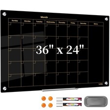 Glass Calendar Dry Erase Board for Wall, 36x24 Inches Black Magnetic Glass Wh...