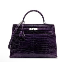 HERMÈS  KELLY  II SELLIER 35 POROSUS CROCODILE AMETHYST ,PALLADIUM H/W -FULL SET