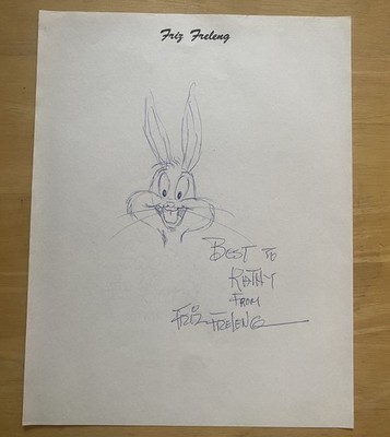FRIZ FRELENG HAND SIGNED BUGS BUNNY ORIGINAL DRAWING AUTOGRAPH 8 X 11 COA
