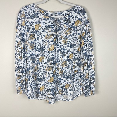 Lucky Brand Blouse Womens Large Floral Top Long Sleeve Tassle White Blue Boho