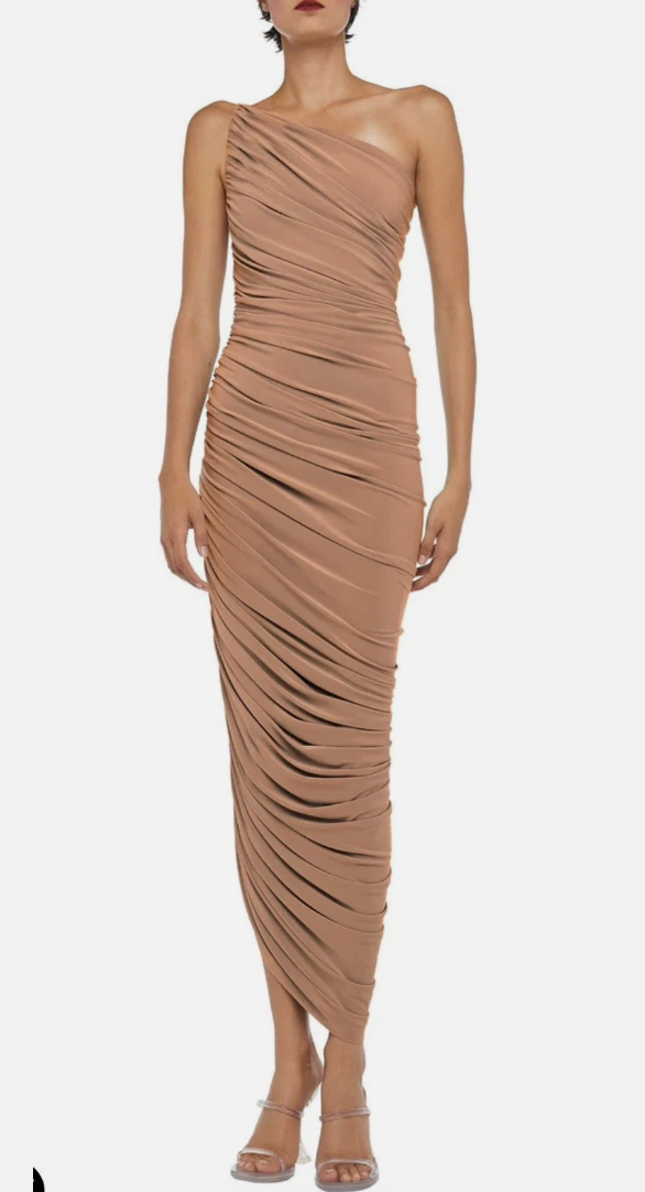 Norma Kamali Diana Dress Nude Small (size 34) Carrie One Shoulder Ruched