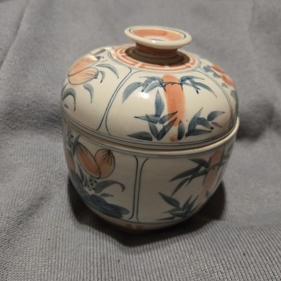 Vintage Thai Benjarong Lidded Bowl - Hand-Painted Blue & White Porcelain Bamboo 