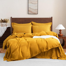 Organic Linen Duvet Cover Set - 3 Piece Yellow Queen Bedding, Soft  Breathable
