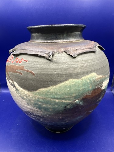 Vintage 8”T Harry Hearne OOAK Raku Pottery Collared Vase/Bowl Amazing Colors! - Picture 2 of 19