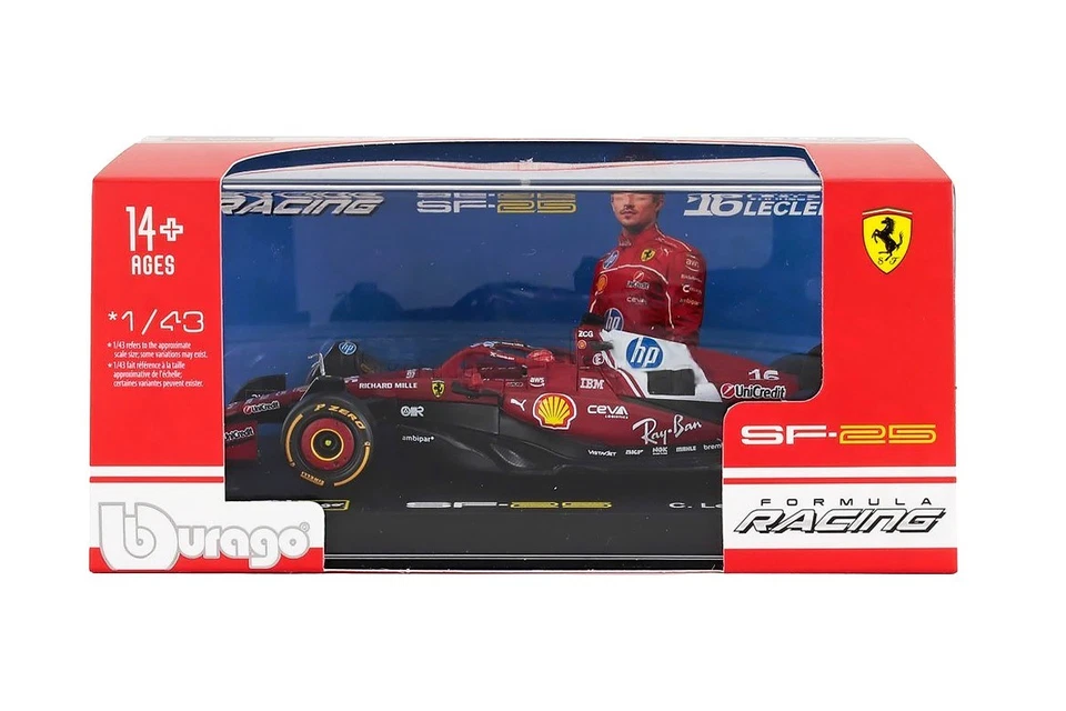 Modellino Ferrari SF-25 Charles Leclerc F1 2025 1/43 Burago + pilota e vetrina - Immagine 2 di 3