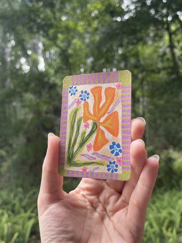 ACEO Original Painting Abstract Orange Flower Matisse Style Folk Art Card Mini