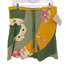 Artsy Mini Skirt Womens Yellow Green Upcycled Patchwork Floral Boho Art to Wear