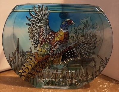 Amia Vase 6.5  Tall Hand-Painted Stained Glass Flowers,Pheasant &Farm Field,NICE