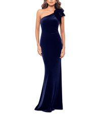 Betsy & Adam Asymmetric Ruffled Sleeveless Velvet Gown MSRP $269