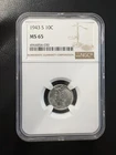 1943-S 10C Mercury Silver Dime NGC MS65