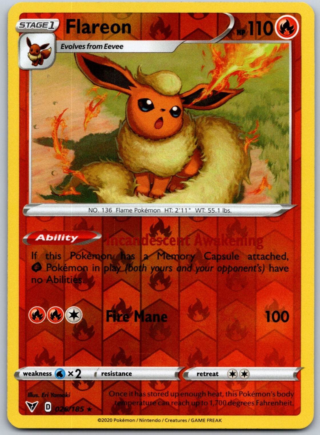 Flareon Reverse Holo Rare SWSH04: Vivid Voltage 026/185 NM