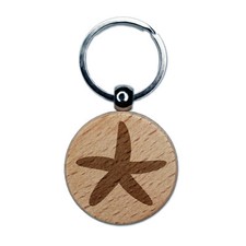 Starfish Solid Tropical Beach Engraved Wood Round Keychain Tag Charm