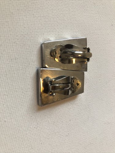 Sterling Silver 925 Clip On Earrings Parallelogram Abalone Inlay Mexico Vintage - Picture 3 of 8