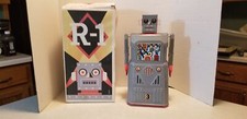 R1 Tin Battery Operated 12" Robot Bump N Go  Flashing Lights Boxed Works BB4