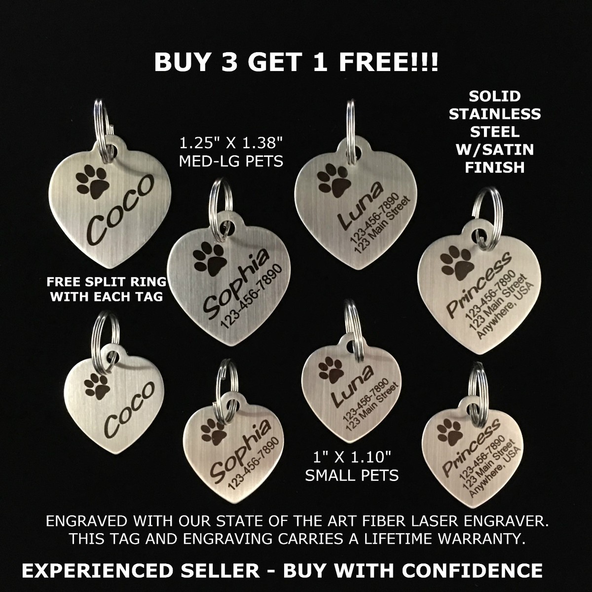 Custom Engraved STAINLESS STEEL Heart Pet Tag PAW Dog Cat ID