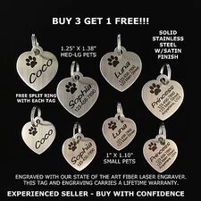 Custom Engraved STAINLESS STEEL Heart Pet Tag PAW Dog Cat ID IDENTIFICATION