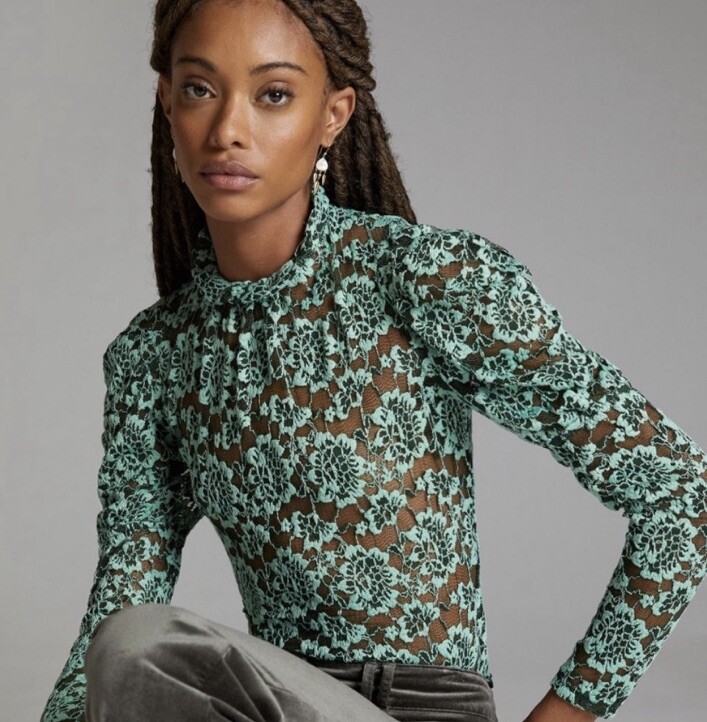 NWT Anthropologie Dolan Left Coast Green Sheer Lace Mock Neck Long