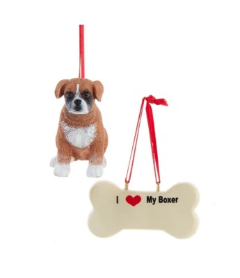 Kurt Adler Dog Figure & Bone 2 pc. Set of Christmas Ornaments-BOXER
