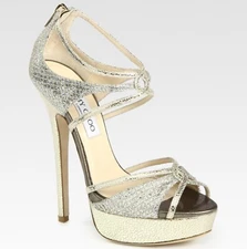 Jimmy Choo Gold Silver Glitter Platform Heels Ankle Strap EU37.5 Authentic Italy