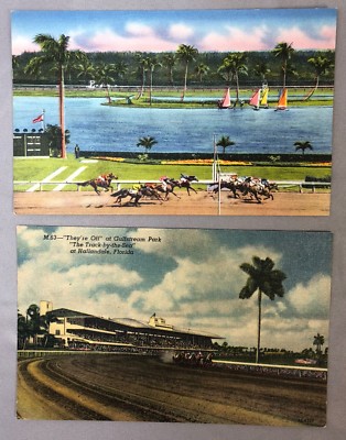 2 1940s GULFSTREAM PARK Advertising HORSE RACING Postcard HALLANDALE Florida