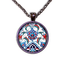 Iznik Turkish Style Pattern - Handmade Glass Pendant Necklace GUNMETAL BLACK