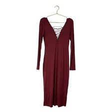 Forever 21 Burgundy Lace-Up Sexy V Neck Long Sleeve Bodycon 219 Midi Dress