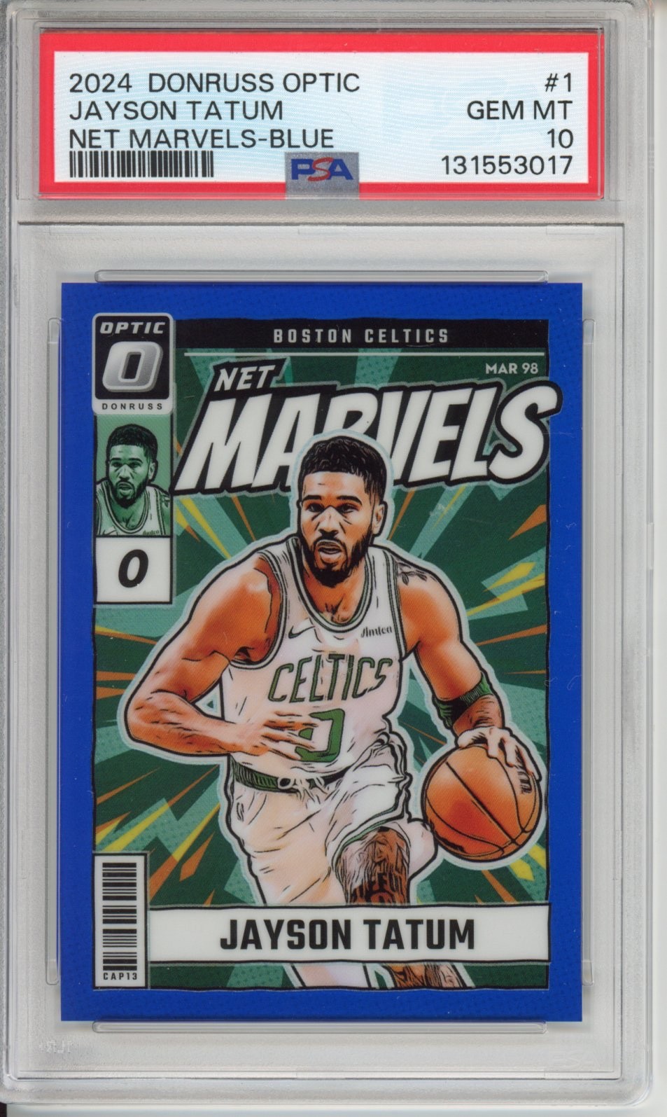 Jayson Tatum 2024-25 Panini Donruss Optic Net Marvels Blue 39/49 PSA 10