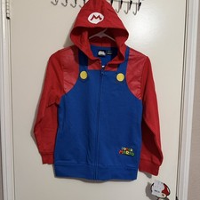 NINTENDO SUPER MARIO Boys Medium Hooded Full Zip Hoodie Pockets Red Blue NWT