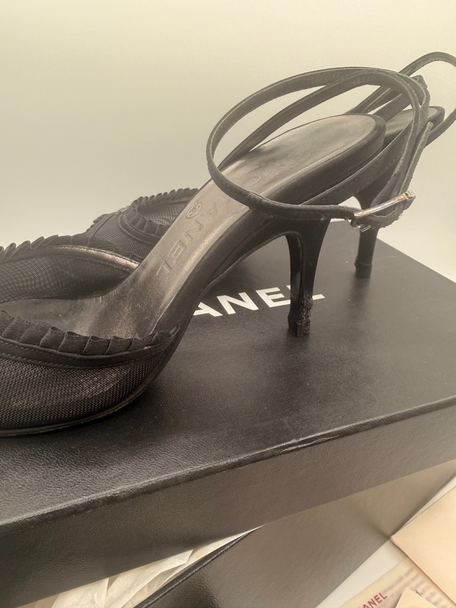 Chanel CC Logo Ruffle Slingback Heels Black Pump FULL SET Box Dust