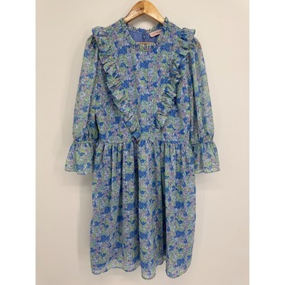 Ivy City Co Monet Women 16 Blue Floral Ruffle Midi Prairie Cottage Regency