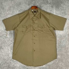 Vintage 60s Lee Mens Permanent Press Work Shirt Tan KhakiShort Sleeve SZ 16 70s