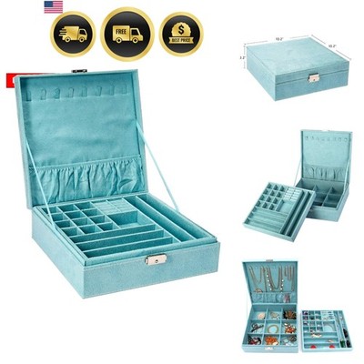 Two-Layer lint Jewelry Box Organizer Display Storage case with Lock Blue